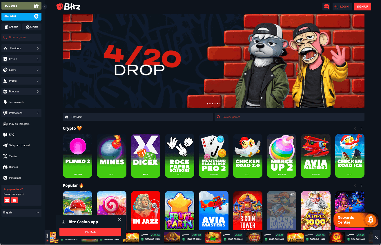 Bitz.io Casino casino interface